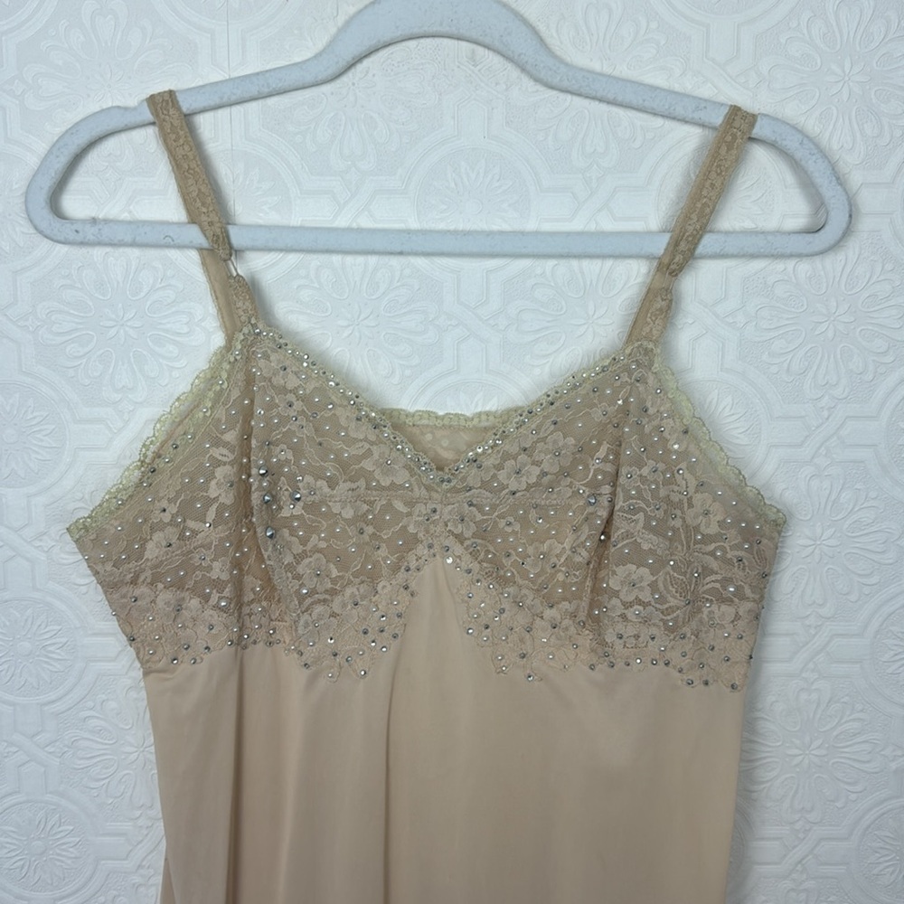 Vintage Slip Dress Bedazzled Jewels Rhinestones Beaded Nude Shapewear Cream 80s - Picture 2 of 10